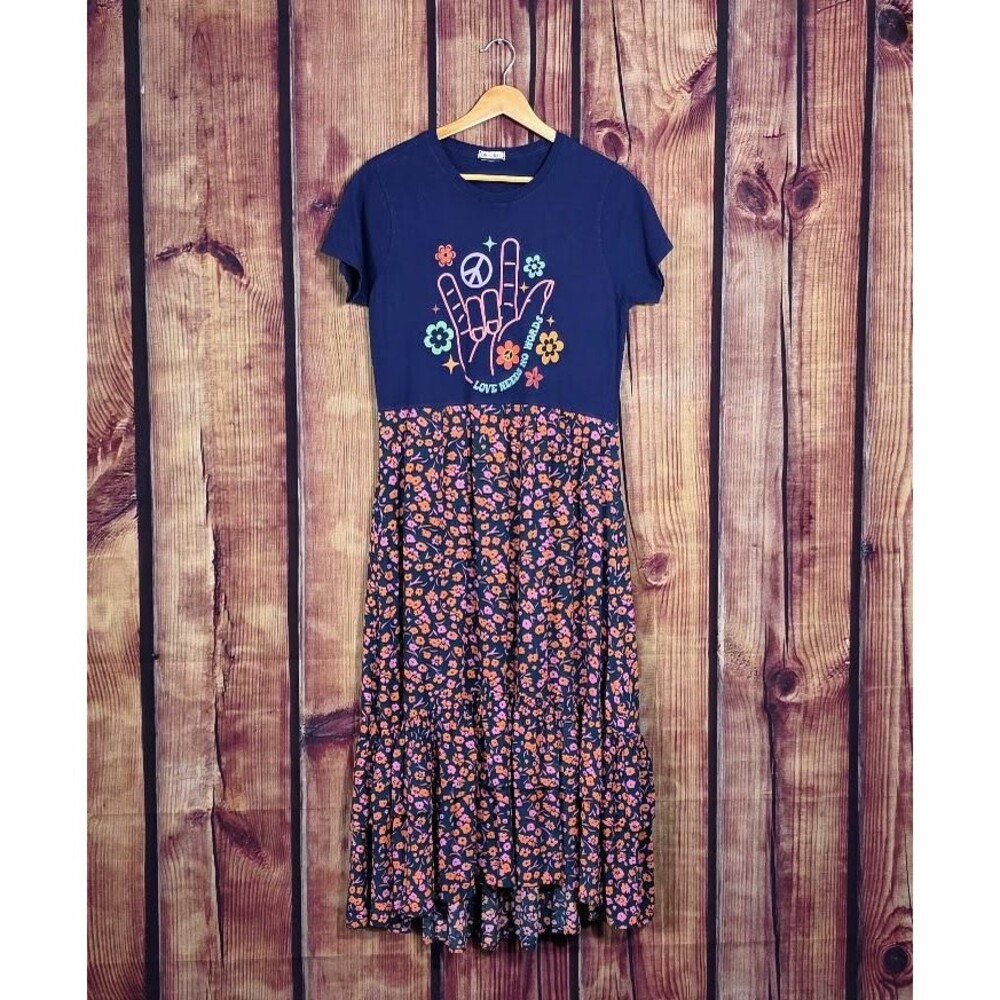 Upcycled Tee Dress - Love Needs No Words - Floral - Maxi - S